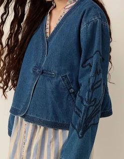 East Juna Denim Botanical Embroidered Jacket Blue