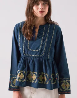 East Katie Embroidered Peplum Blouse Teal