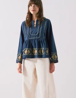 East Katie Embroidered Peplum Blouse Teal