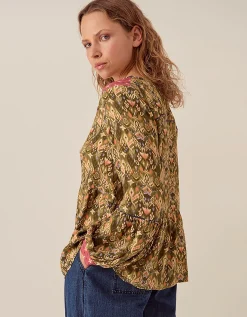 East Kiku Ikat Printed Top Green