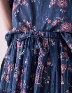 East Layla Floral Print Cotton Midi Skirt Blue
