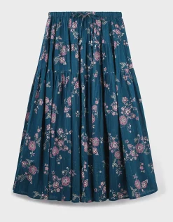 East Layla Floral Print Cotton Midi Skirt Blue