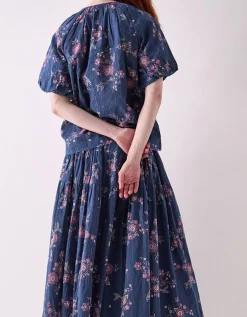 East Layla Floral Print Cotton Midi Skirt Blue