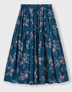 East Layla Floral Print Cotton Midi Skirt Blue