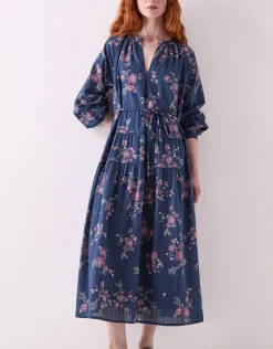 East Layla Floral Print Cotton Midi Dress Blue