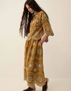 East Leni Floral Broderie Cotton Poplin Skirt Green