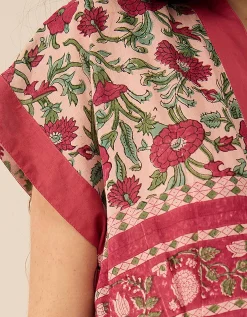 East Lessi Hand-Woodblock Border Print Dress Red