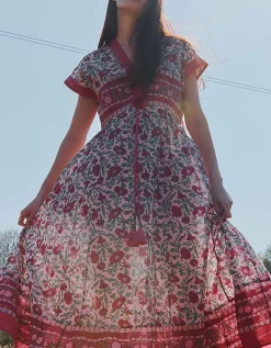 East Lessi Hand-Woodblock Border Print Dress Red