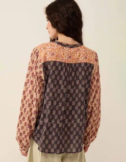 East Loran Patch Print Crinkle Cotton Top Multi