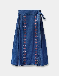 East Marion Denim Wrap Embroidered Skirt Blue