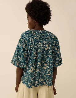 East Rohini Floral Print Cotton-Viscose Top Teal