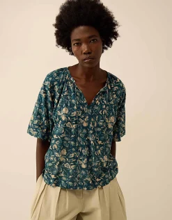 East Rohini Floral Print Cotton-Viscose Top Teal