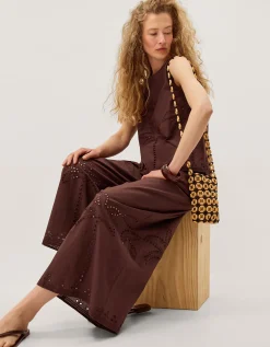 Eden Palm Cutwork Wide Leg Trousers Brown