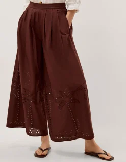 Eden Palm Cutwork Wide Leg Trousers Brown