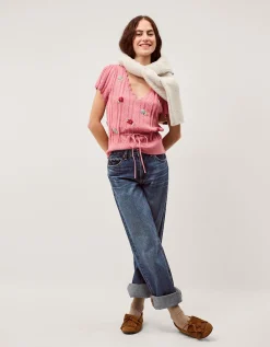 Edie Floral Embroidered Short Sleeve Jumper Pink