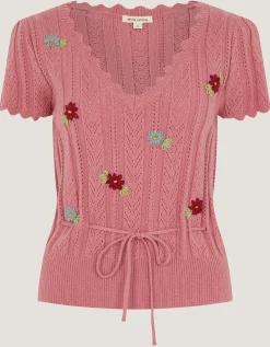Edie Floral Embroidered Short Sleeve Jumper Pink