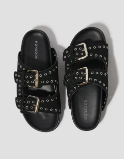 Elena Stud Buckle Sandals Black