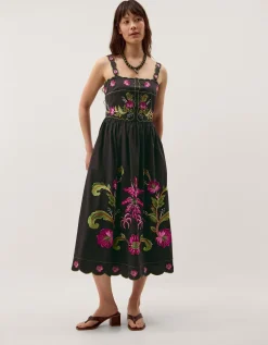 Eleni Floral Embroidered Midi Dress Black