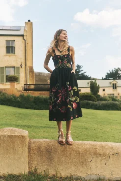 Eleni Floral Embroidered Midi Dress Black