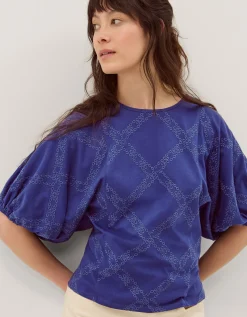 Ellie Puff Sleeve Embroidered Jersey Top Blue
