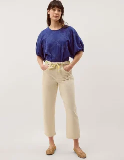 Ellie Puff Sleeve Embroidered Jersey Top Blue