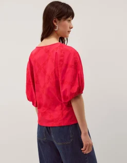 Ellie Puff Sleeve Embroidered Jersey Top Red
