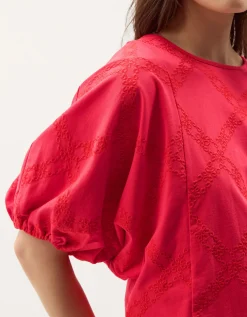 Ellie Puff Sleeve Embroidered Jersey Top Red