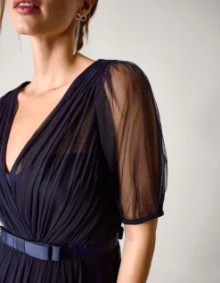 Ellie Sheer Sleeve Plunge Tulle Maxi Dress Blue