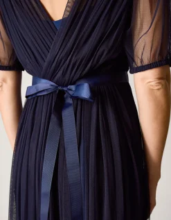 Ellie Sheer Sleeve Plunge Tulle Maxi Dress Blue