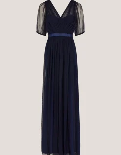 Ellie Sheer Sleeve Plunge Tulle Maxi Dress Blue