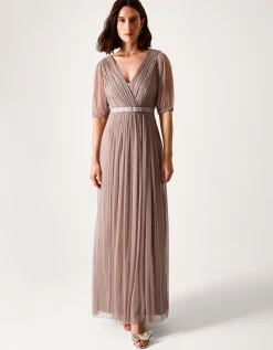 Ellie Sheer Sleeve Plunge Tulle Maxi Dress Mink