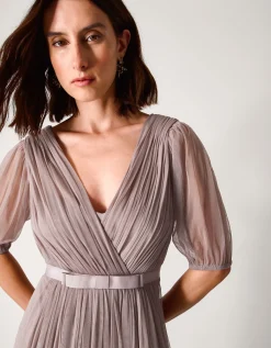 Ellie Sheer Sleeve Plunge Tulle Maxi Dress Mink