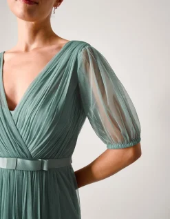 Ellie Sheer Sleeve Plunge Tulle Maxi Dress Green
