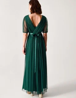 Ellie Sheer Sleeve Plunge Tulle Maxi Dress Green