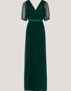 Ellie Sheer Sleeve Plunge Tulle Maxi Dress Green