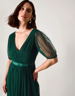 Ellie Sheer Sleeve Plunge Tulle Maxi Dress Green
