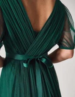 Ellie Sheer Sleeve Plunge Tulle Maxi Dress Green