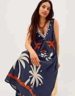 Eloise Tropical Embroidered Midi Dress Blue