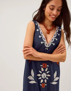 Eloise Tropical Embroidered Midi Dress Blue