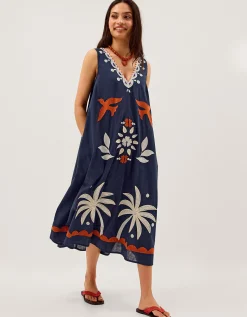 Eloise Tropical Embroidered Midi Dress Blue