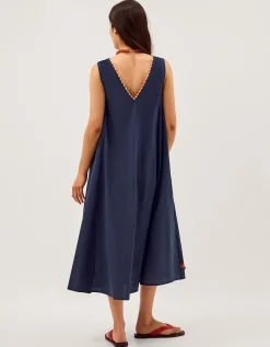 Eloise Tropical Embroidered Midi Dress Blue