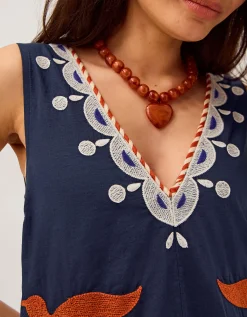 Eloise Tropical Embroidered Midi Dress Blue
