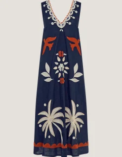 Eloise Tropical Embroidered Midi Dress Blue