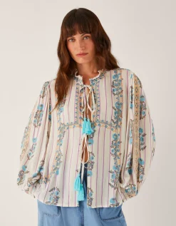 Elora Floral Stripe Tie Blouse Ivory