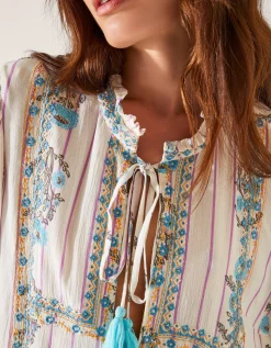 Elora Floral Stripe Tie Blouse Ivory