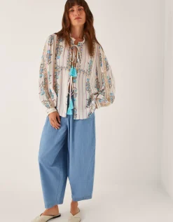 Elora Floral Stripe Tie Blouse Ivory