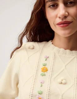Elsie Floral Embroidered Cable Knit Jumper Ivory