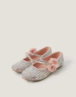 Embellished Bow Strap Ballet Flats Pink