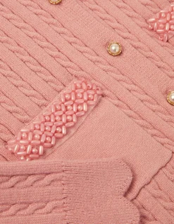 Embellished Cable Knit Cardigan Pink