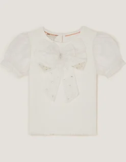 Embellished Puff Sleeve Bow T-Shirt Ivory